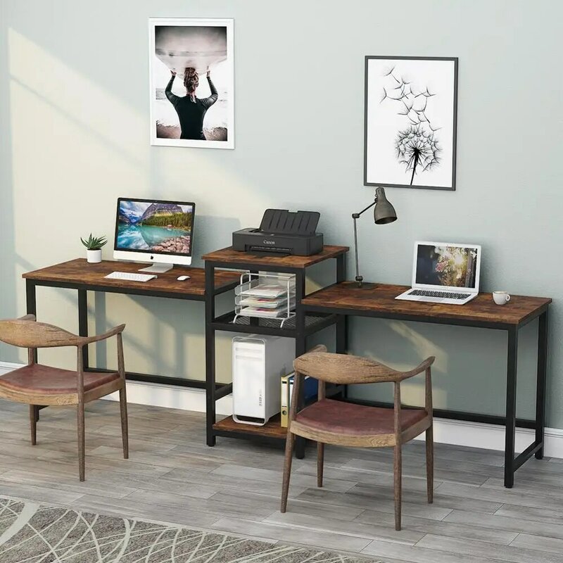 Tribesigns 96,9 "Escritorio de computadora doble con estante para impresora, estación de trabajo de escritorio Extra larga para dos personas con estantes de almacenamiento