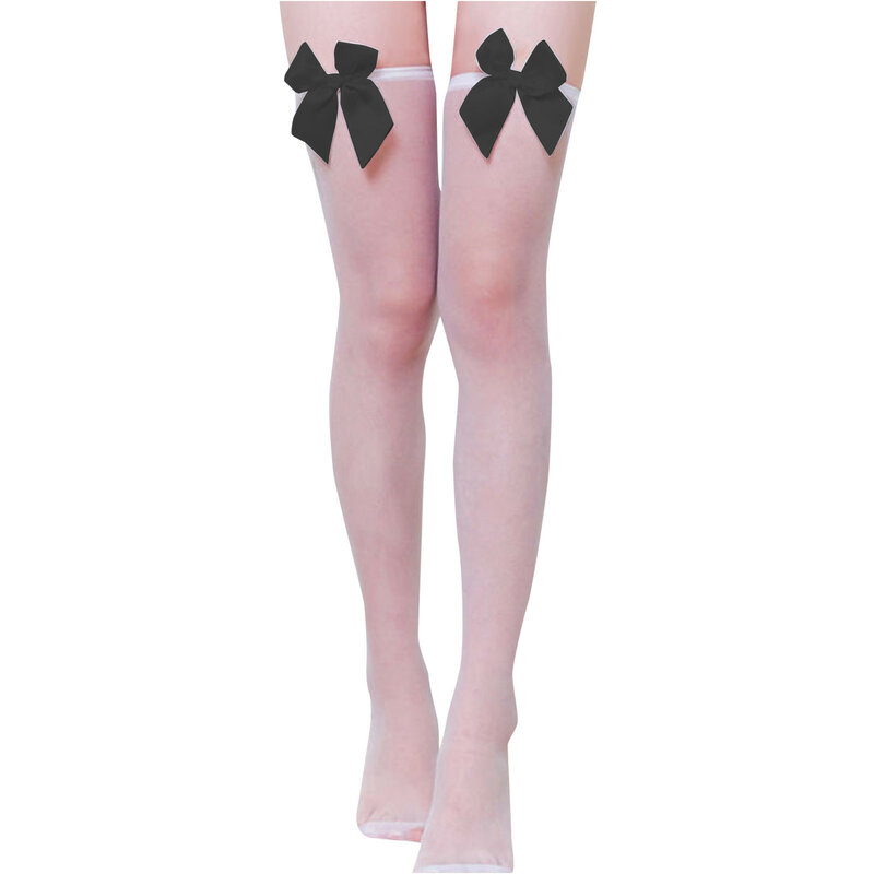 Calze di pizzo nero donna donna fiocco di raso gambe Sexy carine tubo lungo calza alta trasparente sopra le calze al ginocchio per ragazze