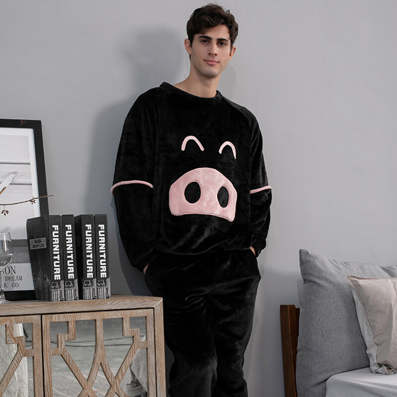 Winter Flanell Pyjama Set für Frauen Männer Paar Rundhals Pullover Nachtwäsche Cartoon Lose Dicke Warme Hause Anzug Plüsch Nachtwäsche