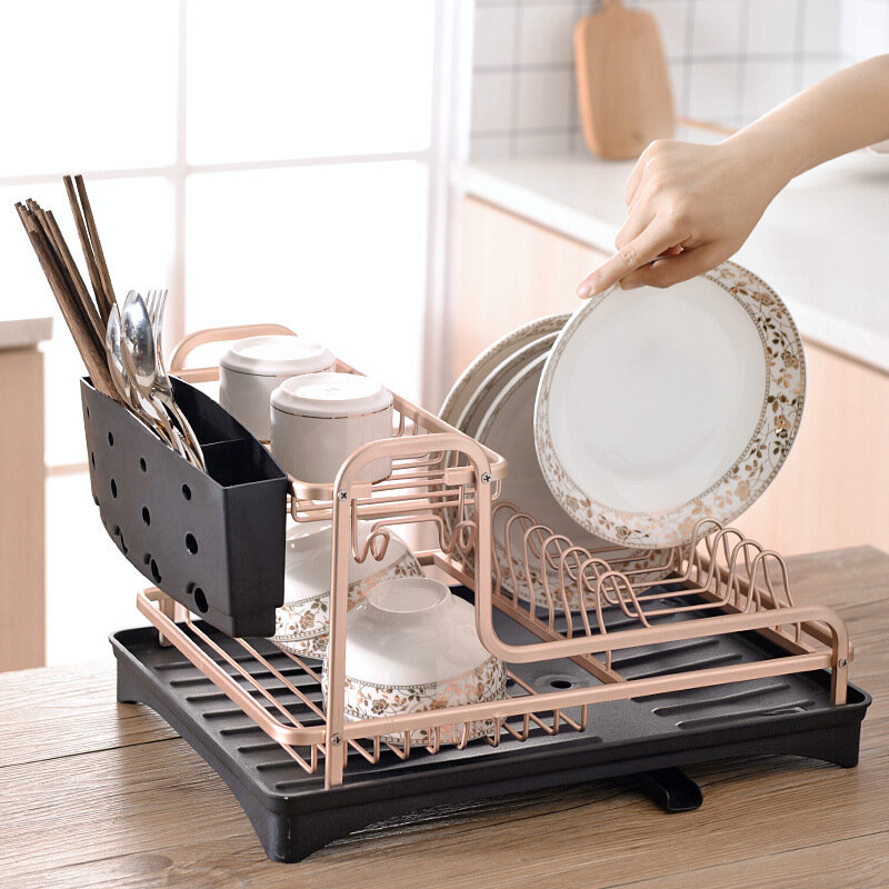 Space Aluminum Dish Rack Kitchen Organizer Storage Drainer Drying Plate Shelf Sink Supplies Knife and Fork Container