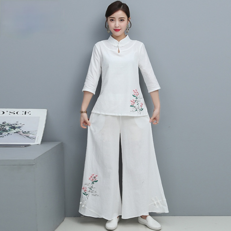 Conjunto de duas peças de roupa feminina de algodão e linho hanfu, roupa tang chinesa, estilo chinês