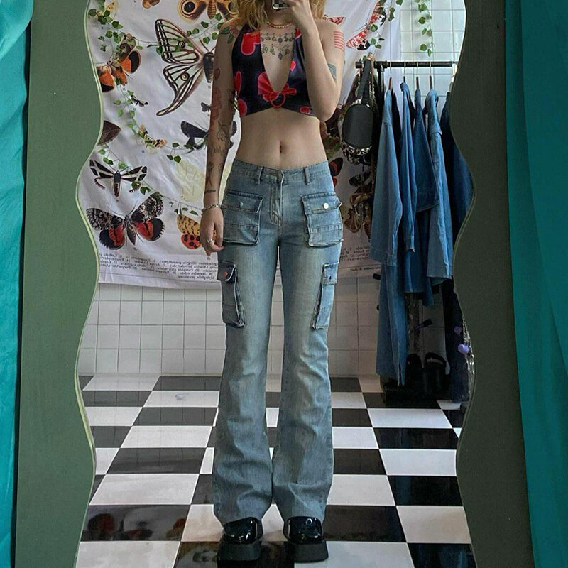 Женские брюки-карго, джинсы с высокой талией, расклешенные брюки Y2k, Стрейчевые джинсы, винтажная уличная одежда, в стиле гранж, женская одеж...