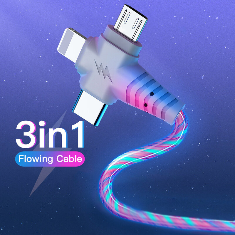 3in1 Micro USB Type C Cable for iPhone 13 12 11 Huawei Samsung flow luminous led lighting usb cable Fast Charging USB C Cord