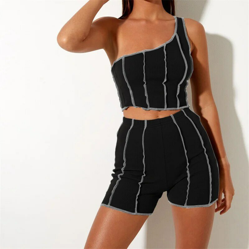 hirigin Ribbed Cropped Tube Tops Biker Shorts Set One Shoulder Patchwork Women Bodycon 2 Piece Outfits Summer Sportswear 2021