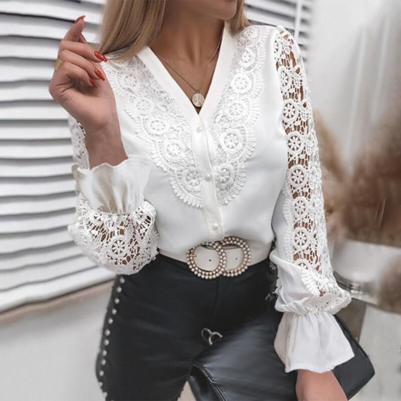 Женская офисная блузка с воротником-стойкой, элегантная белая кружевная ажурная блузка в стиле пэчворк на пуговицах, 2021