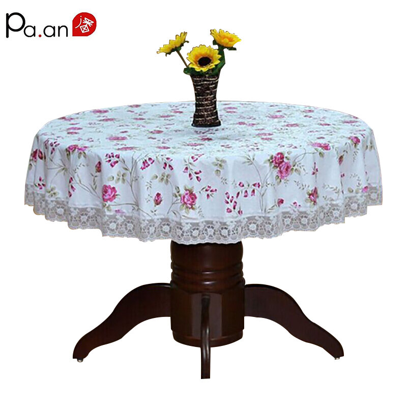 Pastoral Round Table Cloth Plastic Waterproof Oilproof Table Cover Floral Printed Lace Edge Anti Hot Coffee Tea Tablecloth