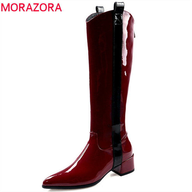 MORAZORA 2021 جديد وصول حذاء برقبة للركبة النساء براءات الاختراع والجلود الخريف فارس الأحذية أشار تو ميد الكعوب فاسق أحذية السيدات