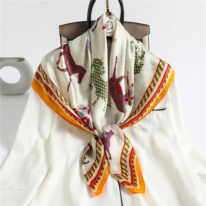 Pañuelo cuadrado de seda satinada con estampado de caballo para mujer, Bandana musulmana, chales, bolsa, banda para el pelo, Foulard de 90x90cm