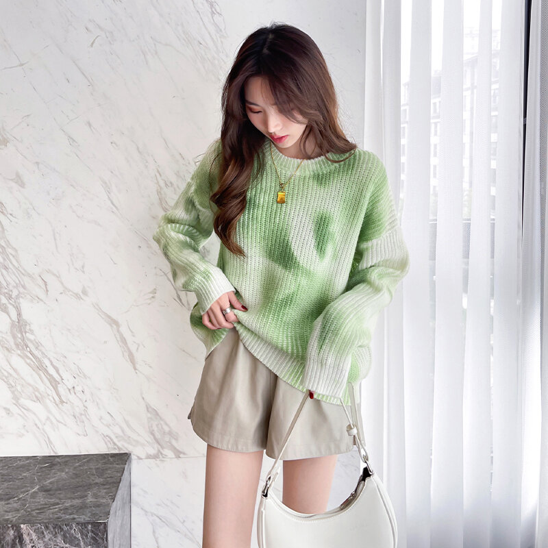 Autumn Winter 2021 New Korean Round Neck Pullover ink dyed contrast Sweater female Vintage Knitt Sweater Long Sleeve Green 513H
