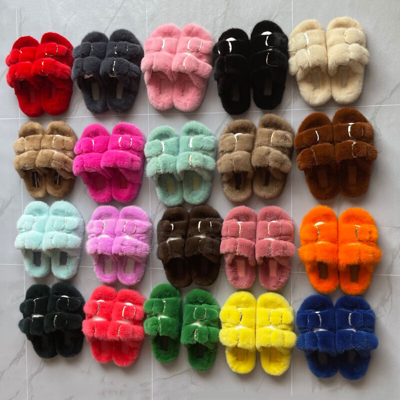 Zapatillas planas de lujo para mujer, chanclas de piel de visón Real para exteriores, sandalias, zapatos de invierno, 2022