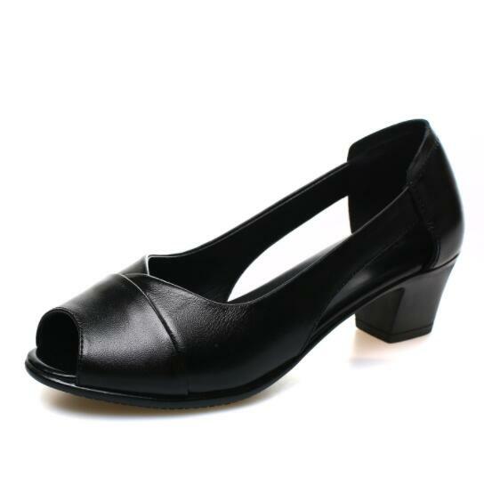 Été en cuir véritable confortable dames mi talon sandales femmes chaussures creux Peep orteil talon carré sandales femme noir M843