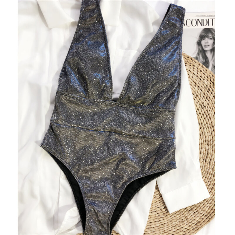 GNIM – maillot de bain brésilien une pièce, Sexy, décolleté en V profond, brillant, taille haute, col licou, Bikini, vêtements de plage, pour femmes, nouvelle collection, 2021
