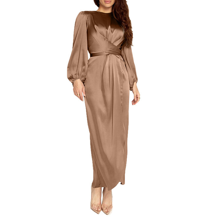 Vestido largo de satén para mujer, Simple y elegante túnica musulmana de Oriente Medio, cintura suave, ropa islámica de Dubái, nueva moda