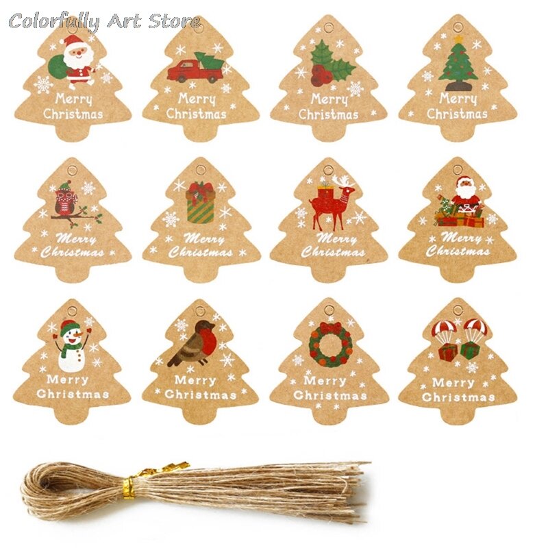48pcs Christmas Tree Label Creative Kraft Paper Retro Tag Decoration Handicraft Party Business Gift Blessing Card with rope
