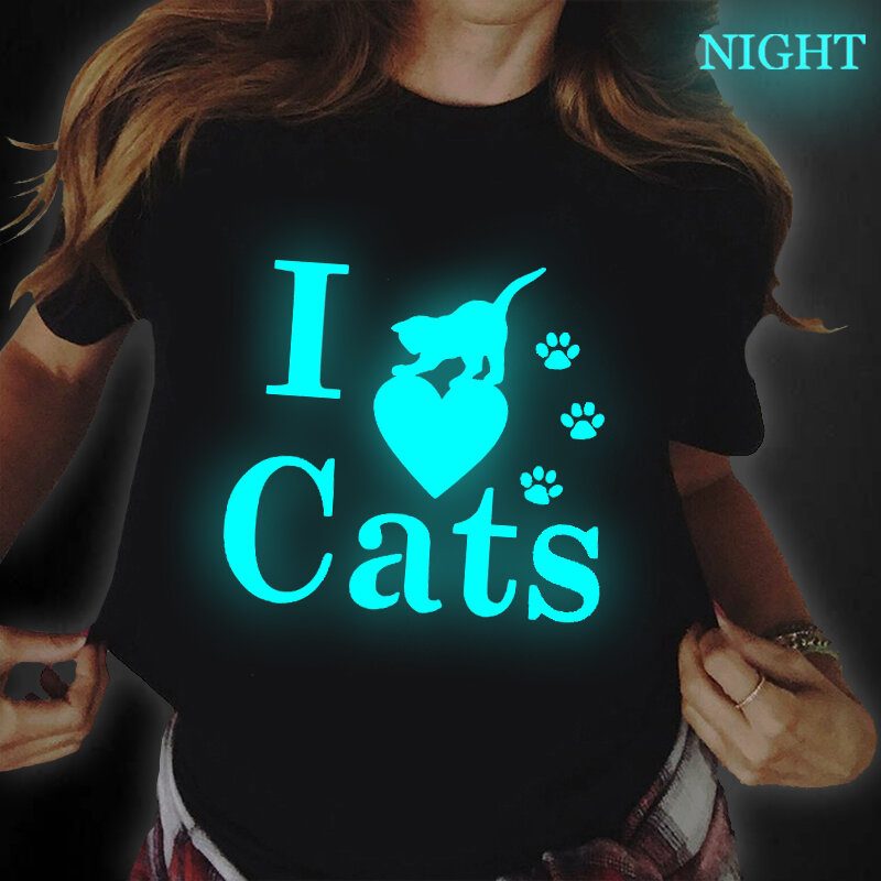 Womens Fashion T-shirt Letter Print I Love Cats Short Sleeve Shirt Cat Print Funny Tees Luminous Streetwear Women Top Camisetas