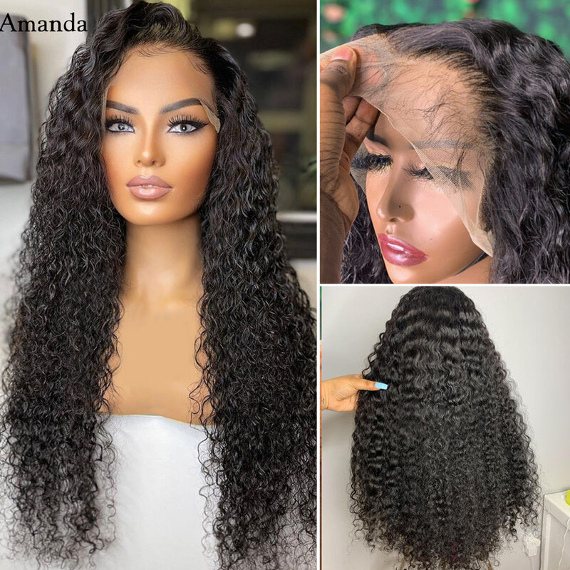 Pelucas de cabello humano rizado 220% para mujeres negras, cabello con ondas profundas 13x4, transparente, con malla frontal, 4x4, 180%