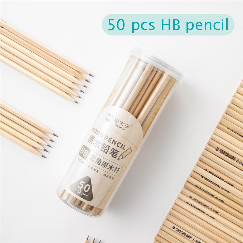 50 Buah/Botol Set Pensil HB Pena Sketsa Kayu untuk Siswa Seni Pensil Kayu Ramah Lingkungan Perlengkapan Alat Tulis Sekolah