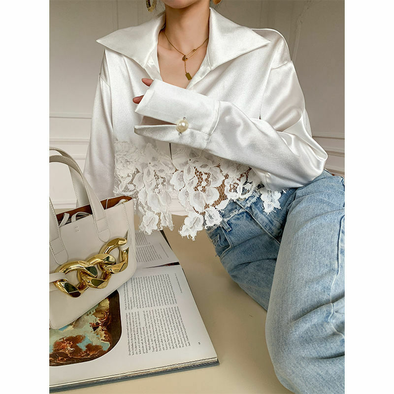 Jesienna koronka patchworkowe koszule kobiety nowy bluzka z długim rękawem biurowa, damska biały dekolt w serek przycięte topy