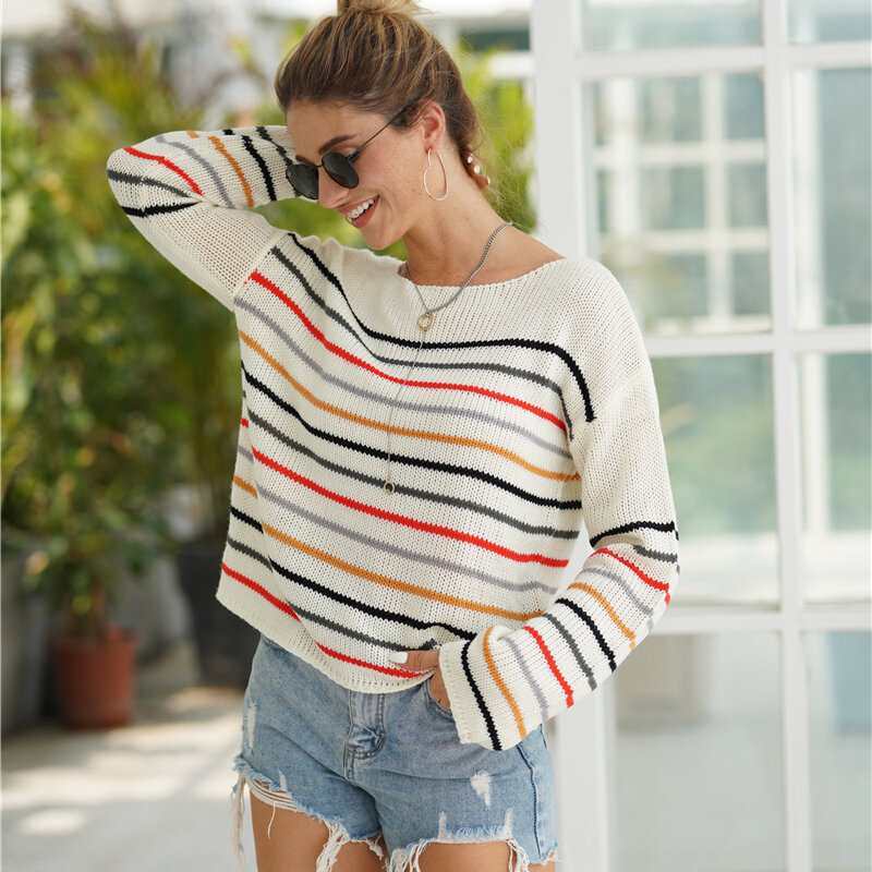Striped Sweater Rainbow Sweater Women's Contrast Color Stitching Loose Fashion Pullover sweater winter clothes women