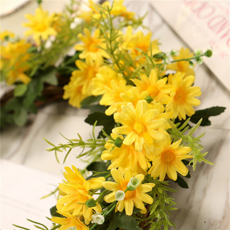 รอบ Daisy พวงหรีดประดิษฐ์ดอกไม้ใบยินดีต้อนรับด้านหน้าประตูแขวนตกแต่งเทศกาลพวงหรีด Home Party Decor 2021