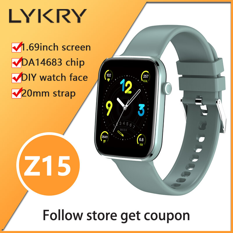 Lykry-relógio inteligente modelo p15, tela de 1.69 polegadas, à prova d'água ip67, modelo feminino, rastreador fitness pk p8 plus, para xiaomi