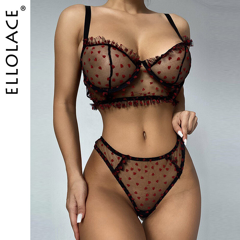 Ellolace – ensemble de Lingerie Sexy, sous-vêtements en dentelle, à pois, à volants, Transparent, exotique, porno