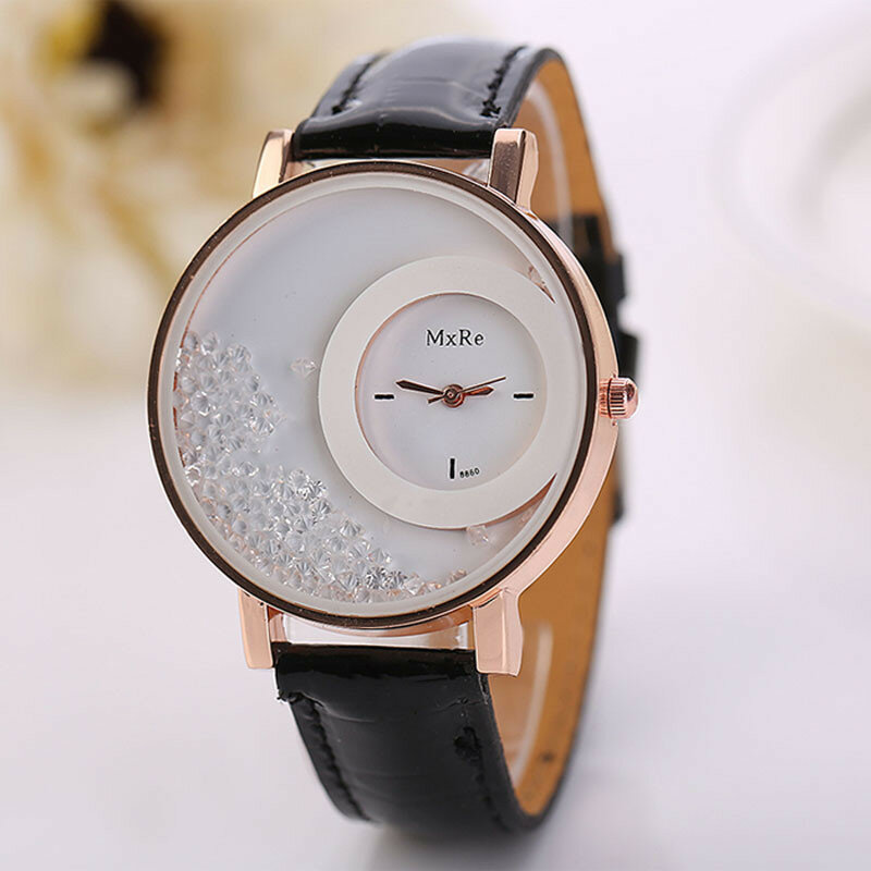 Женские кожаные часы с зыбучим песком, повседневные, романтичные, со стразами, дизайнерские, кварцевые, наручные часы, часы Gfit Montre Femme Q