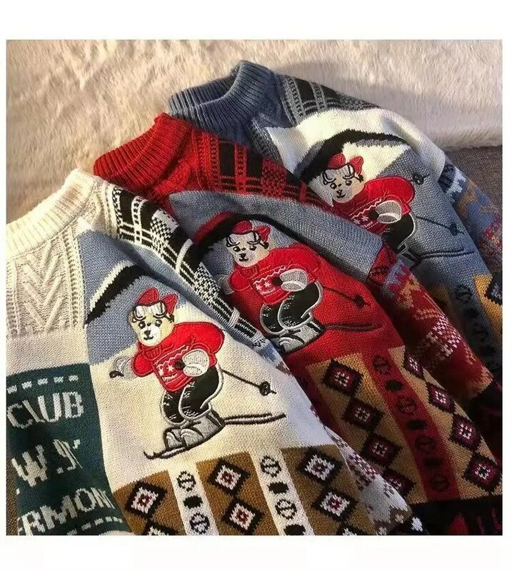 Suéter de punto para hombre y mujer, jersey de alta calidad con patrón de oso, Retro, Hip Hop, Otoño e Invierno