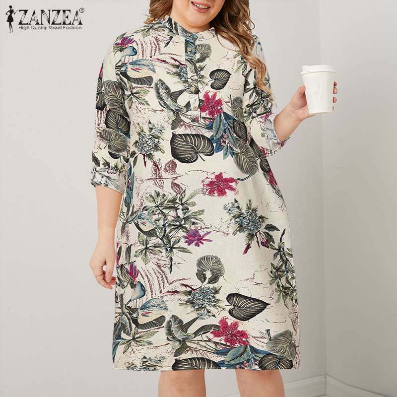 Plus size blusa zanzea outono feminino elegante floral impresso camisa longa vestidos casual manga longa topos feminino túnica 5xl