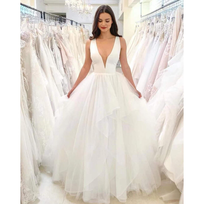 Elegant New Wedding Dresses Ball Gown For Women Deep V-Neck Sleeveless Sexy White Formal Party Bridal Gowns Robe De Mariée