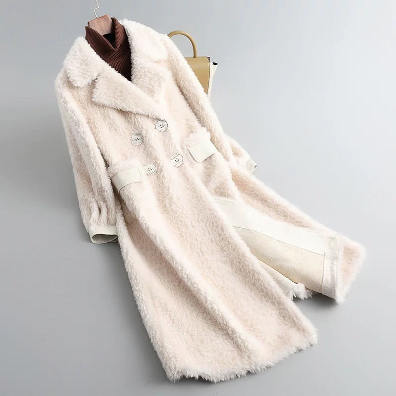 Casaco de inverno macio de lã genuína, jaquetas Double Breasted, colarinho de botão, casacos de pele de ovelha, X76, 2023