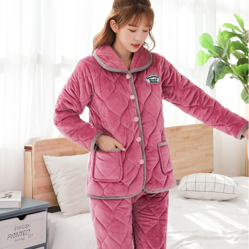 Home Women Pajamas Sets Winter Women Pajamas Women Sets New Casual Large Size Three Layers Thicken Warm Two-Piece Suit NBH541