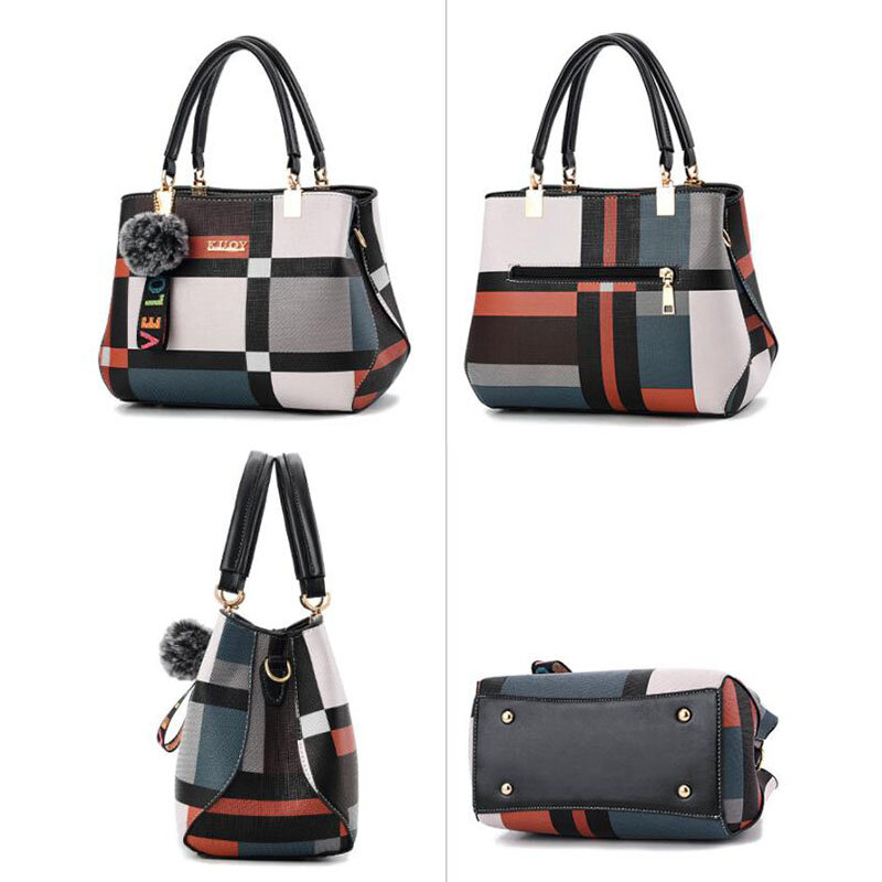 Geometric Panelled Style Fashion New Women's Leather Handbags Ladies Shoulder Bag Large Capacity Pocket Boston Crossbody Bags