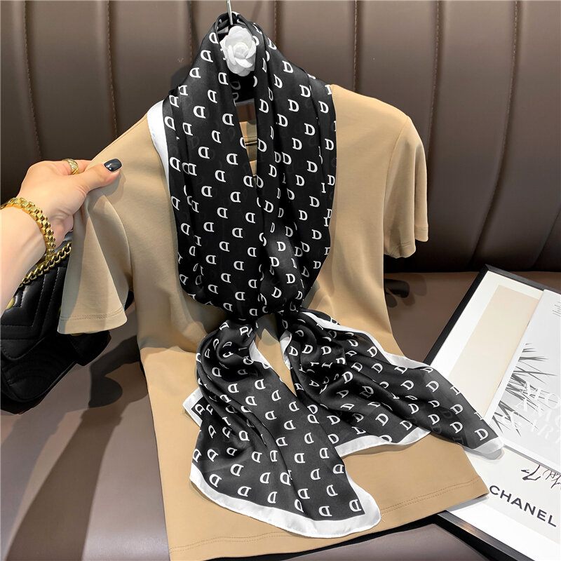 Bufanda con estampado de letras para mujer, bufandas largas de seda, corbata de cuello, chal femenino
