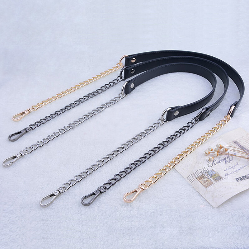 DIY 50cm-160cm Replacement Shoulder Crossbody Bag Strap Black PU Leather Handle with 9mm Gold, Silver, Gun Black Metal Chains