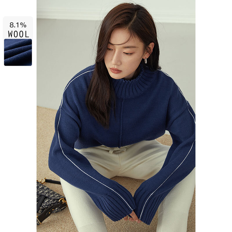 FANSILANEN-suéter de cuello alto para mujer, Jersey informal de gran tamaño, Jersey de punto de manga larga, Top azul a rayas laterales
