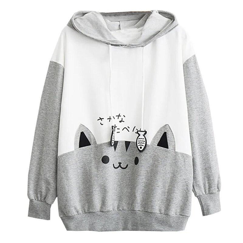 Outono inverno feminino sweatershirt hoodies preto algodão casual manga longa kitty gato impressão bolso fino blusa com capuz camisa superior