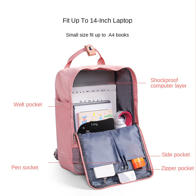 Mochila escolar impermeável, bolsa feminina de lona para laptop 14 cores