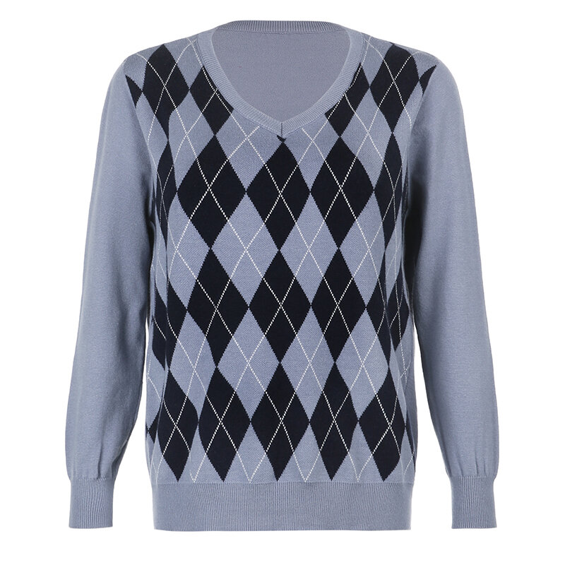 Heyoungirl Casual Losse Herfst Winter Gebreide Trui Vrouwen Y2K Argyle Lange Mouwen Jumper Dames Preppy Stijl Trui Truien