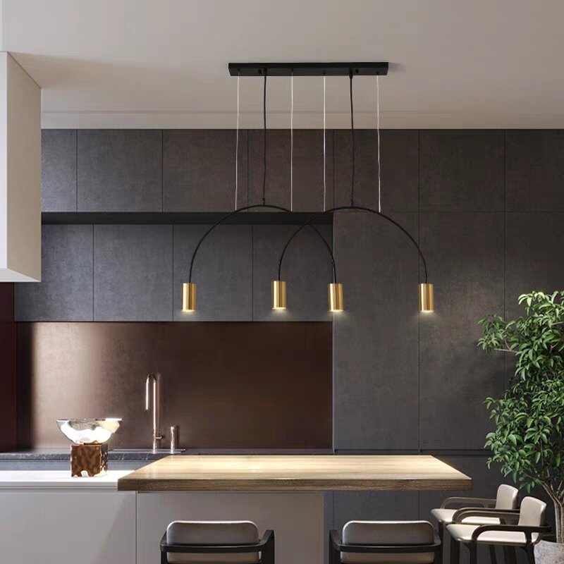 Kobuc linhas geométricas nordic forma arqueada luz pingente preto ouro moderno led lâmpada de suspensão para sala jantar loja pano barra lâmpada