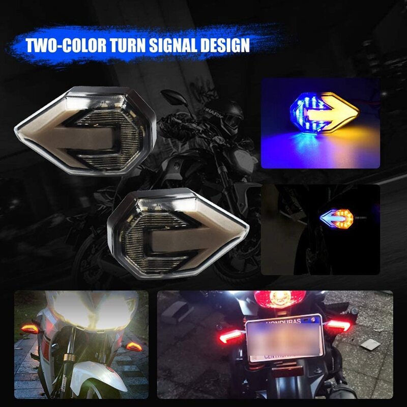 Seabuy Motorcycle Turn Signal LED Lights Arrowhead Indicator Waterproof for Yamaha Suzuki Kawasaki Motorbike Blue/Amber