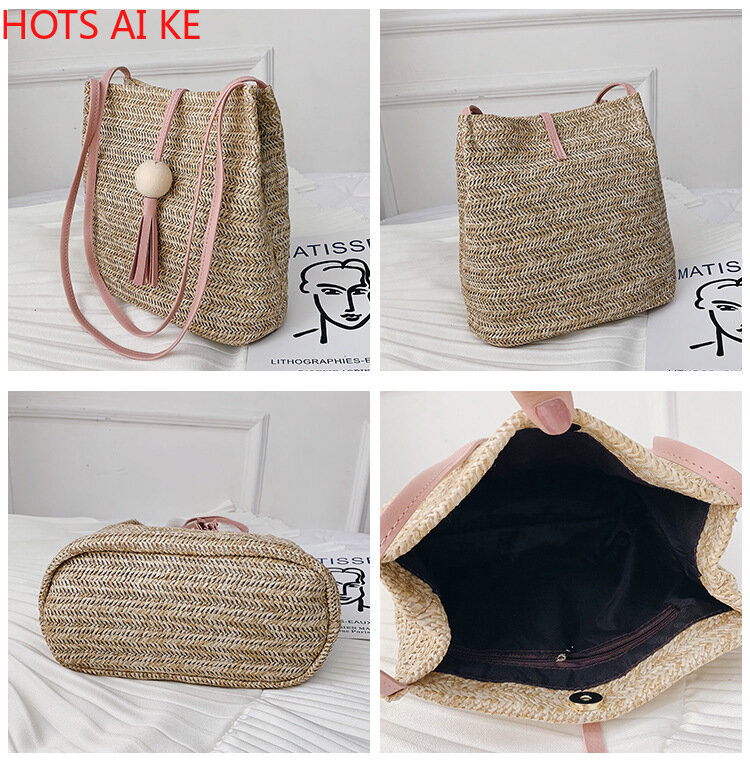 2021 соломенная сумка-мешок, женская сумка из искусственной кожи с деревянными бусинами и кисточками, сумка-мессенджер, однотонные сумки-месс...