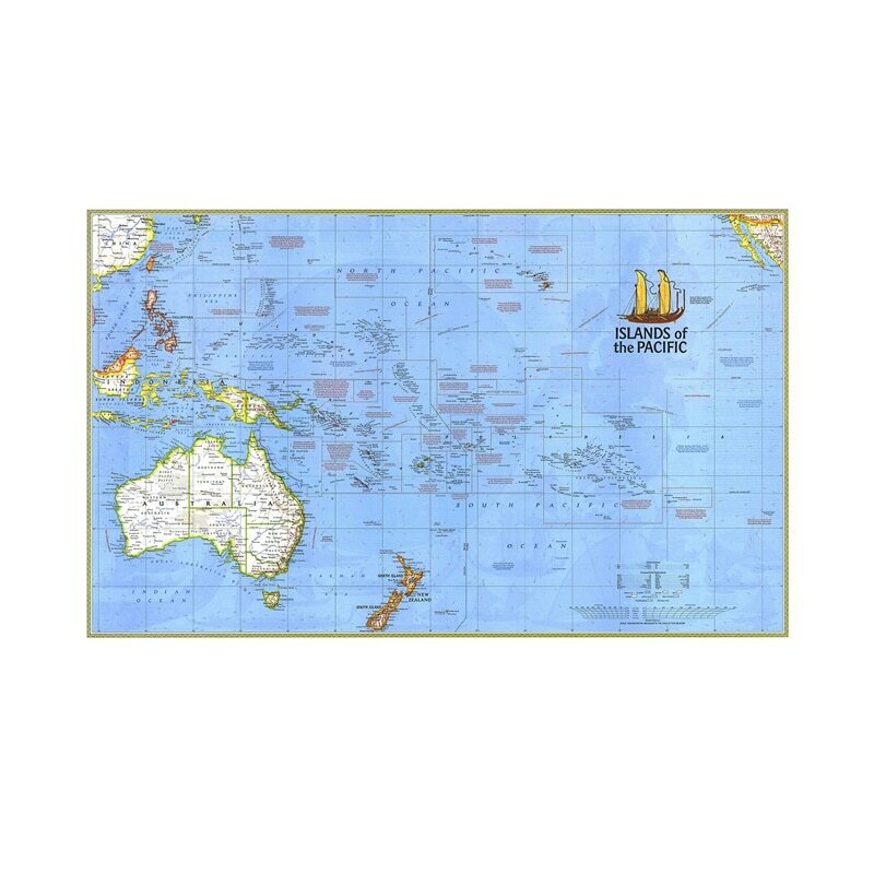 Tamaño A1, decoración de pared, mapa de las islas del océano Pacific edición 1974, pintura en aerosol de vinilo para decoración de la escuela y la Oficina