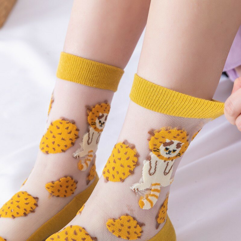 Носки женские в Корейском стиле, повседневные креативные Прозрачные шелковые модные носки с мультяшными фруктами, ультратонкое стекло, шел...