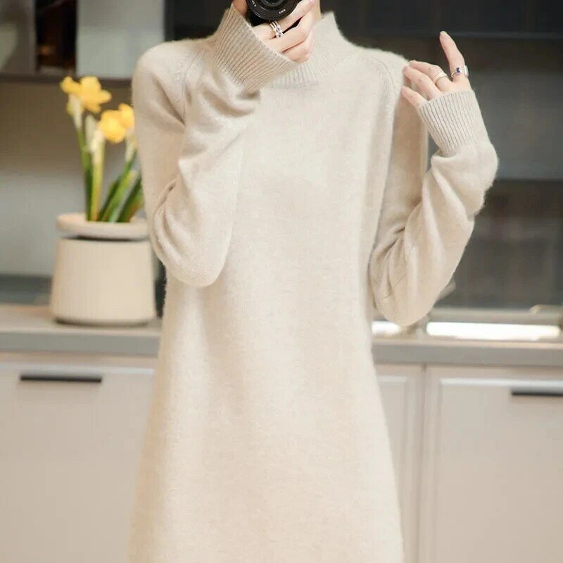 Женский трикотажный свитер средней длины, повседневный однотонный черный свитер с длинным рукавом и воротником средней длины, Осень-зима 2023