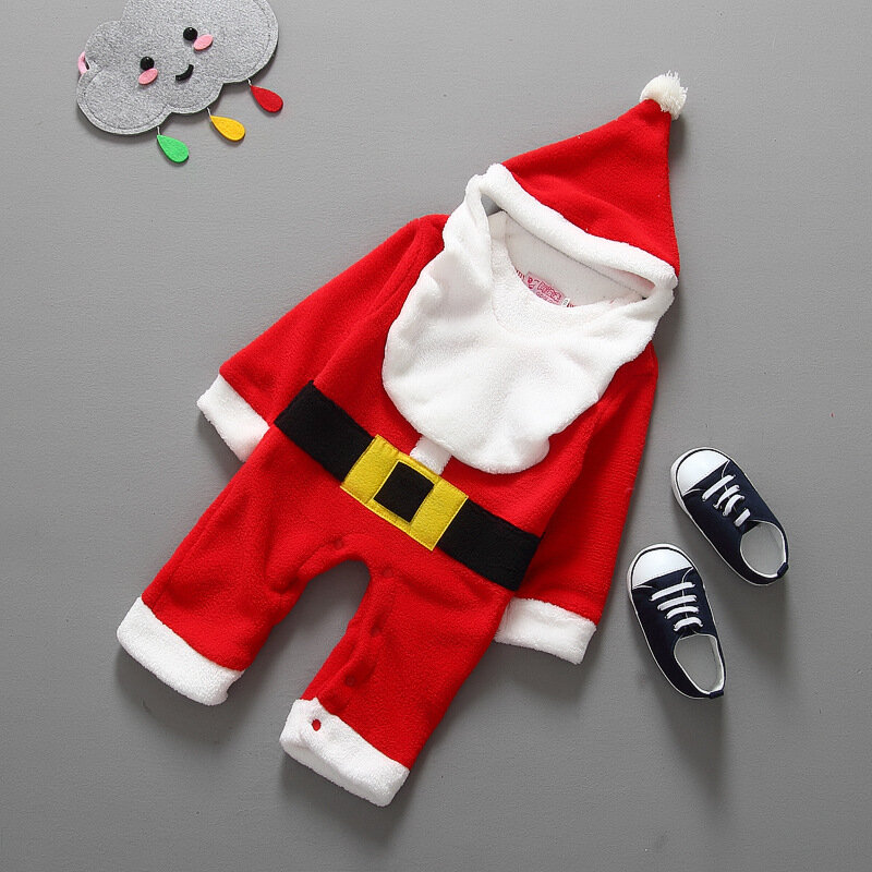 新生児少年クリスマス衣装コスプレサンタクロースガール幼児服ベビーギフトセットフード付き厚みベビーボディスーツ冬 2 年