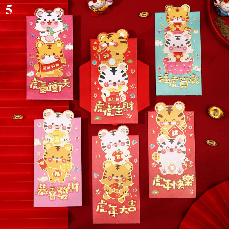 6 шт., бумажные красные конверты HongBao, милые бумажные пакеты на удачу, праздничные товары с тигром, китайский новый год, Hongbao