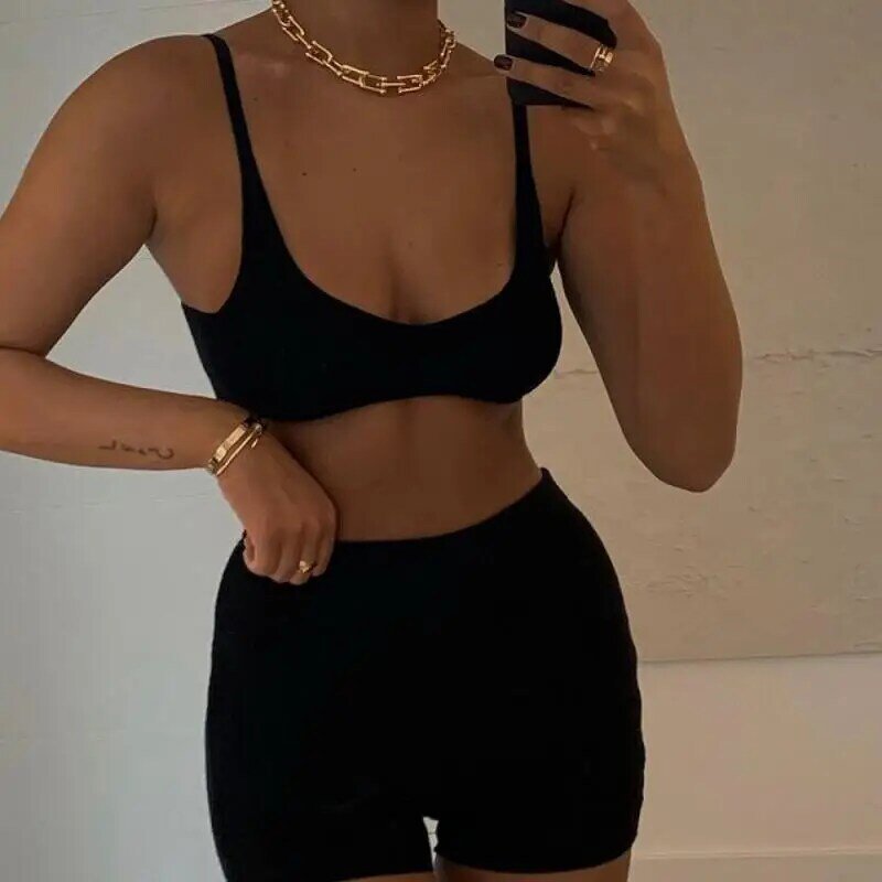 New spring and summer transparent rib knit home wear women's suit sexy pajamas suit ladies halter strap solid color 2-piece set