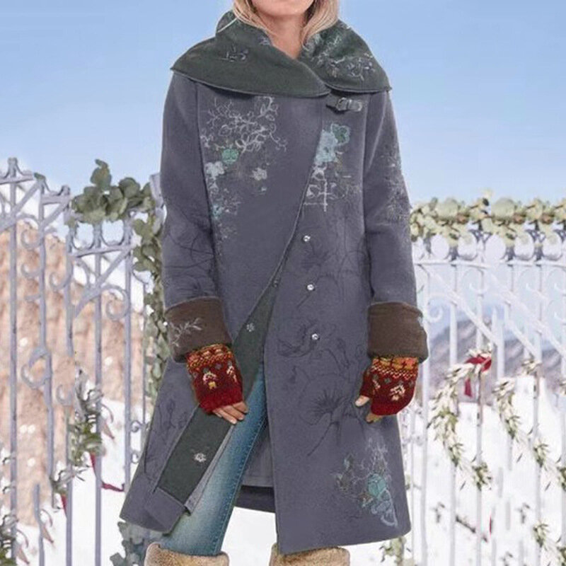 معطف للنساء, مصنوع من الصوف بأكمام طويلة ومطبوع ومتوسط الطول لخريف وشتاء 2020