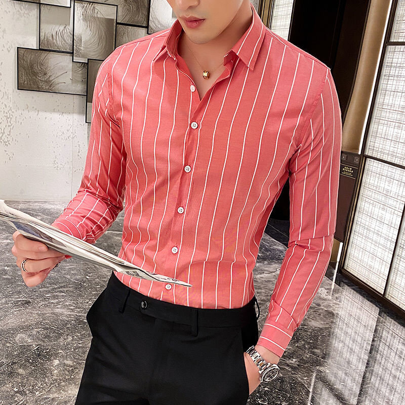 남성 2021 봄 가을 한국 스타일 잘 생긴 셔츠 남성 슬림핏 비즈니스 캐주얼 블라우스 남성 긴팔 스트라이프 셔츠 O294